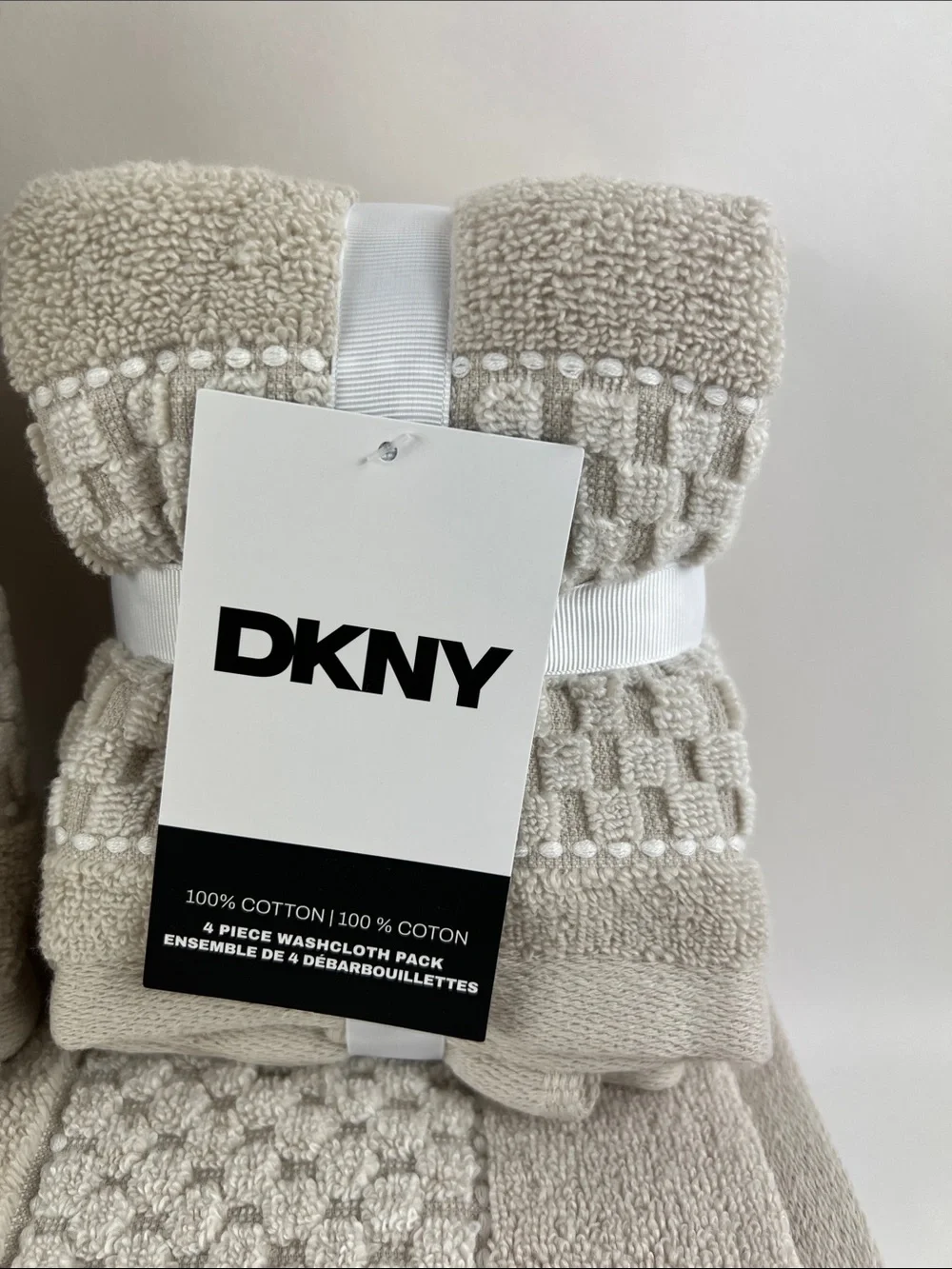 DKNY Bath Towels Tan White Textured Soft Plush 100% Cotton 8 Pc Set NEW
